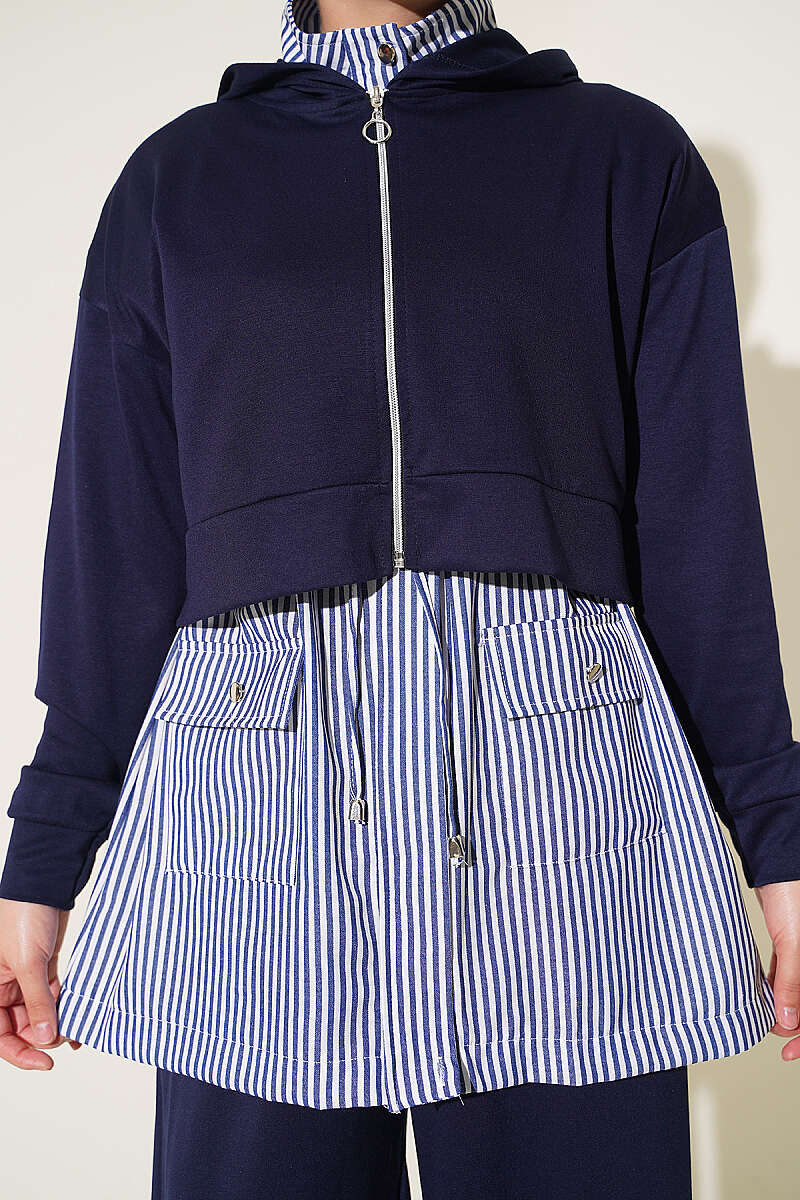 Striped Hooded Three-Piece Set - Navy