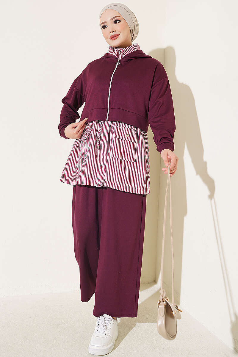 Striped Hooded Three-Piece Set - Plum