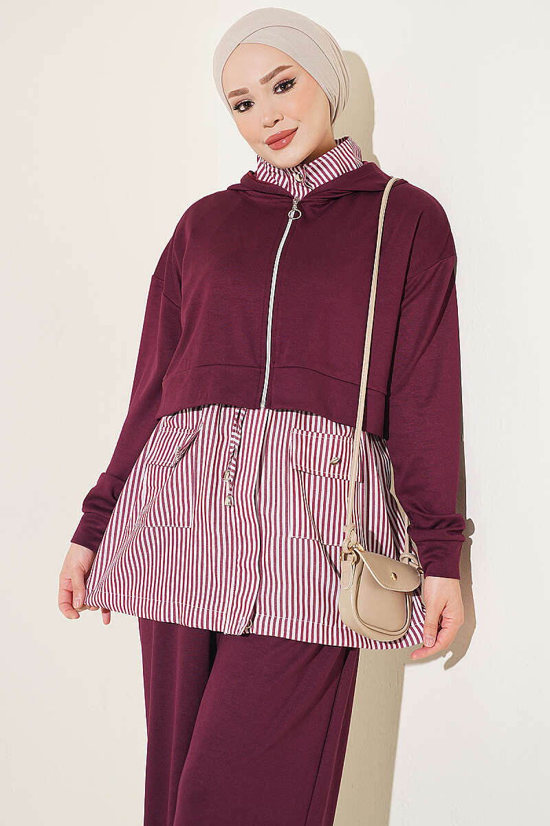 Striped Hooded Three-Piece Set - Plum