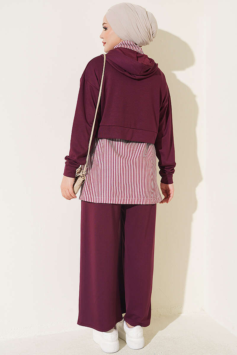 Striped Hooded Three-Piece Set - Plum