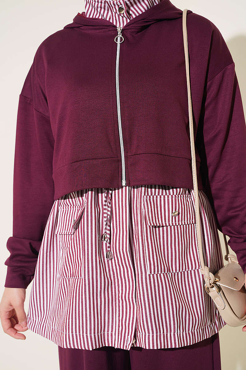 Striped Hooded Three-Piece Set - Plum