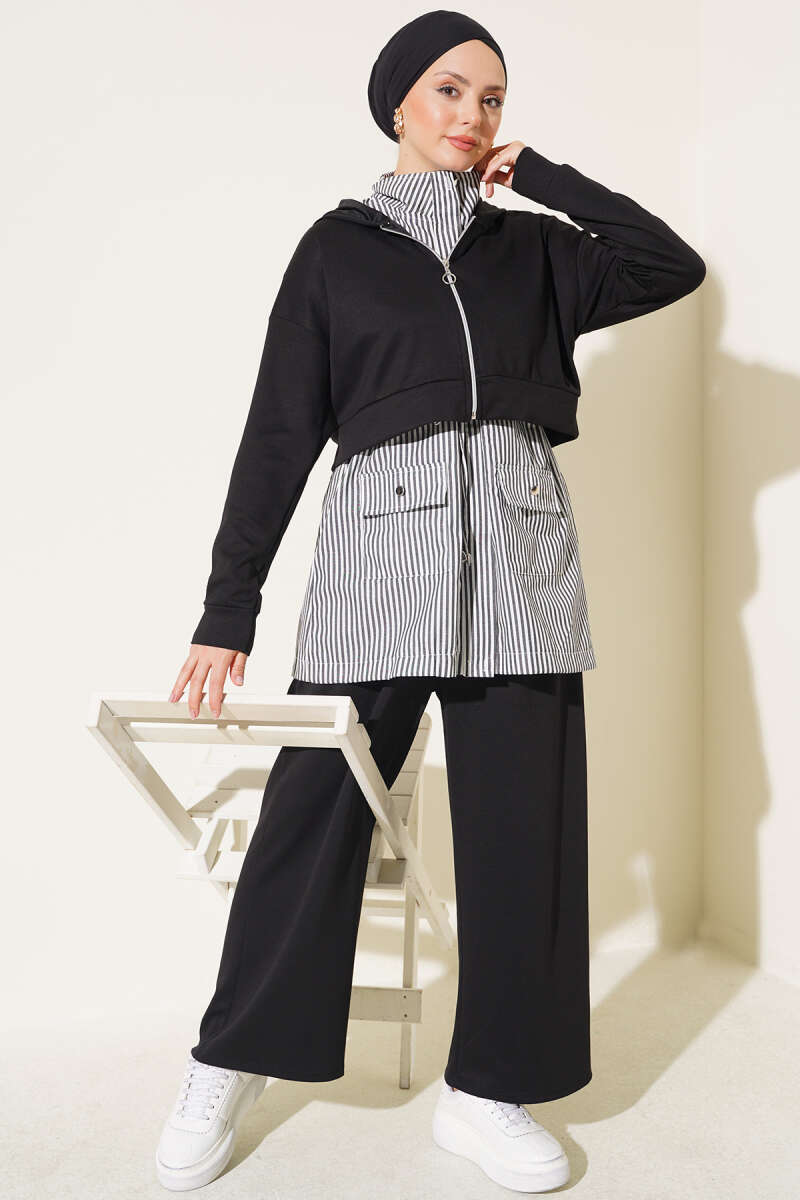 Striped Hooded Three-Piece Set - Black
