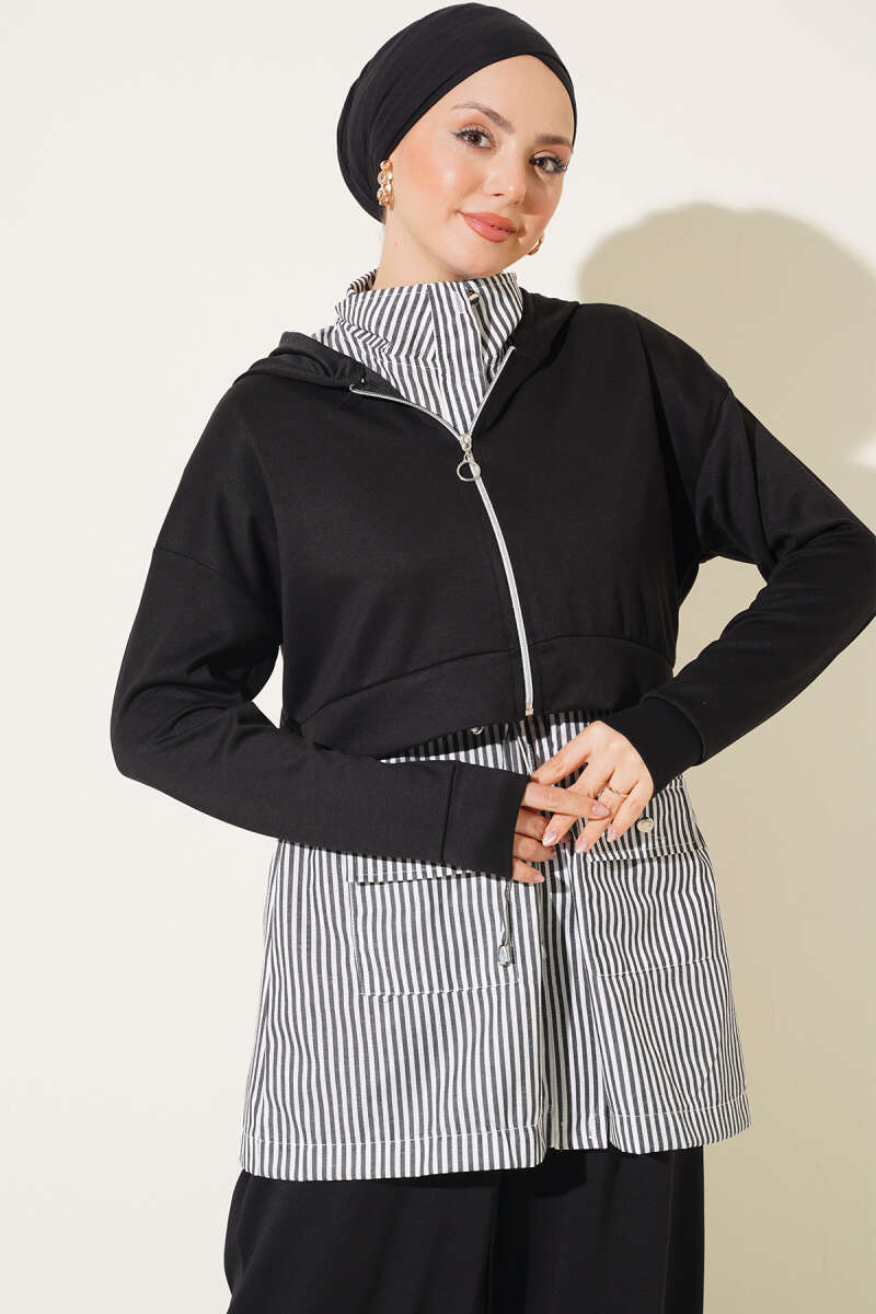 Striped Hooded Three-Piece Set - Black