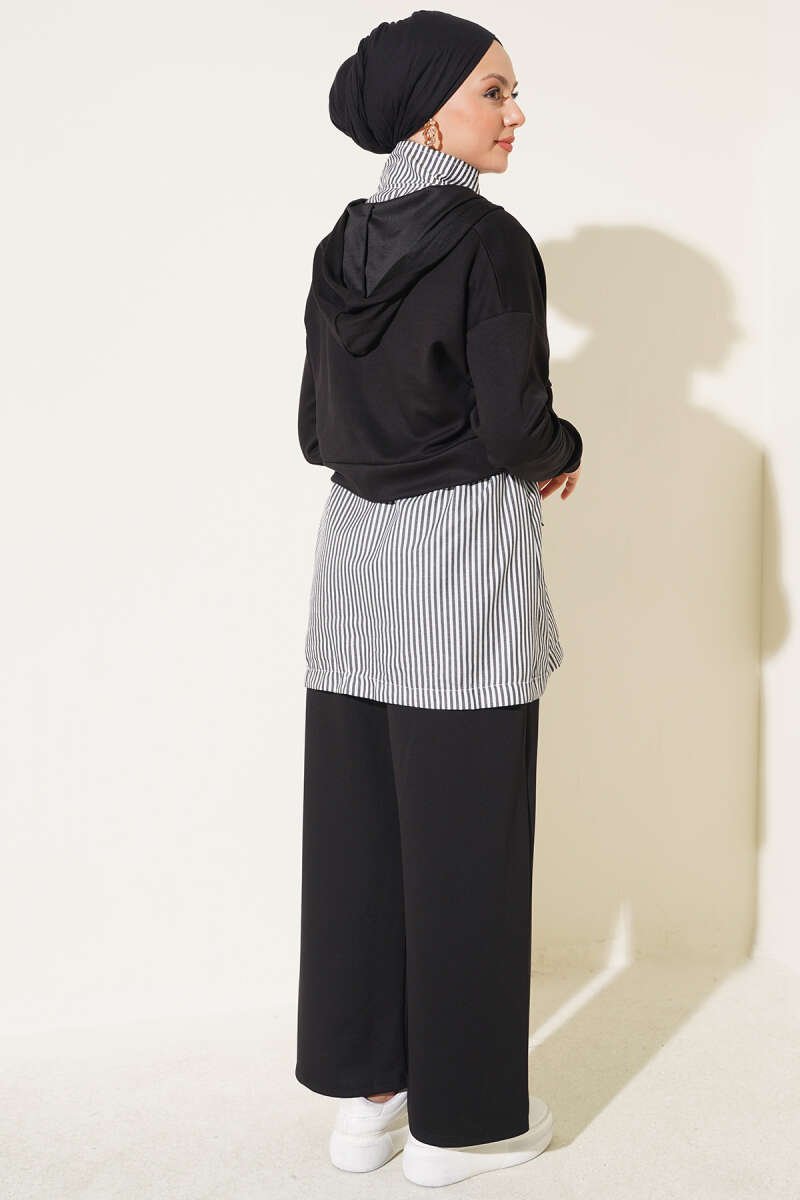 Striped Hooded Three-Piece Set - Black