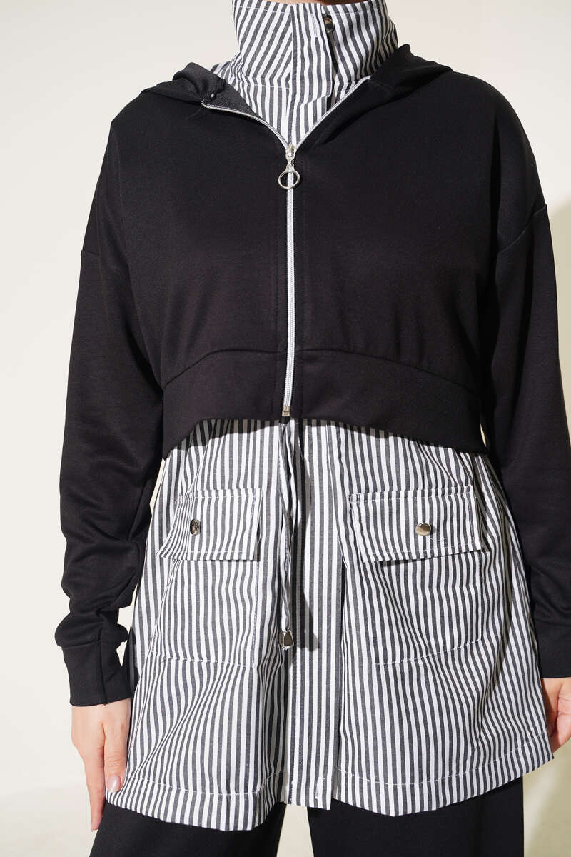 Striped Hooded Three-Piece Set - Black