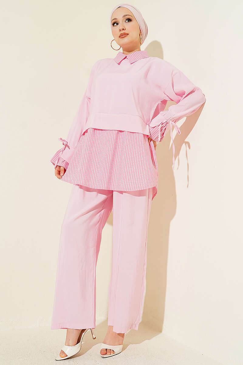 Striped Shirt-Trim Modal Two-Piece Set - Pink