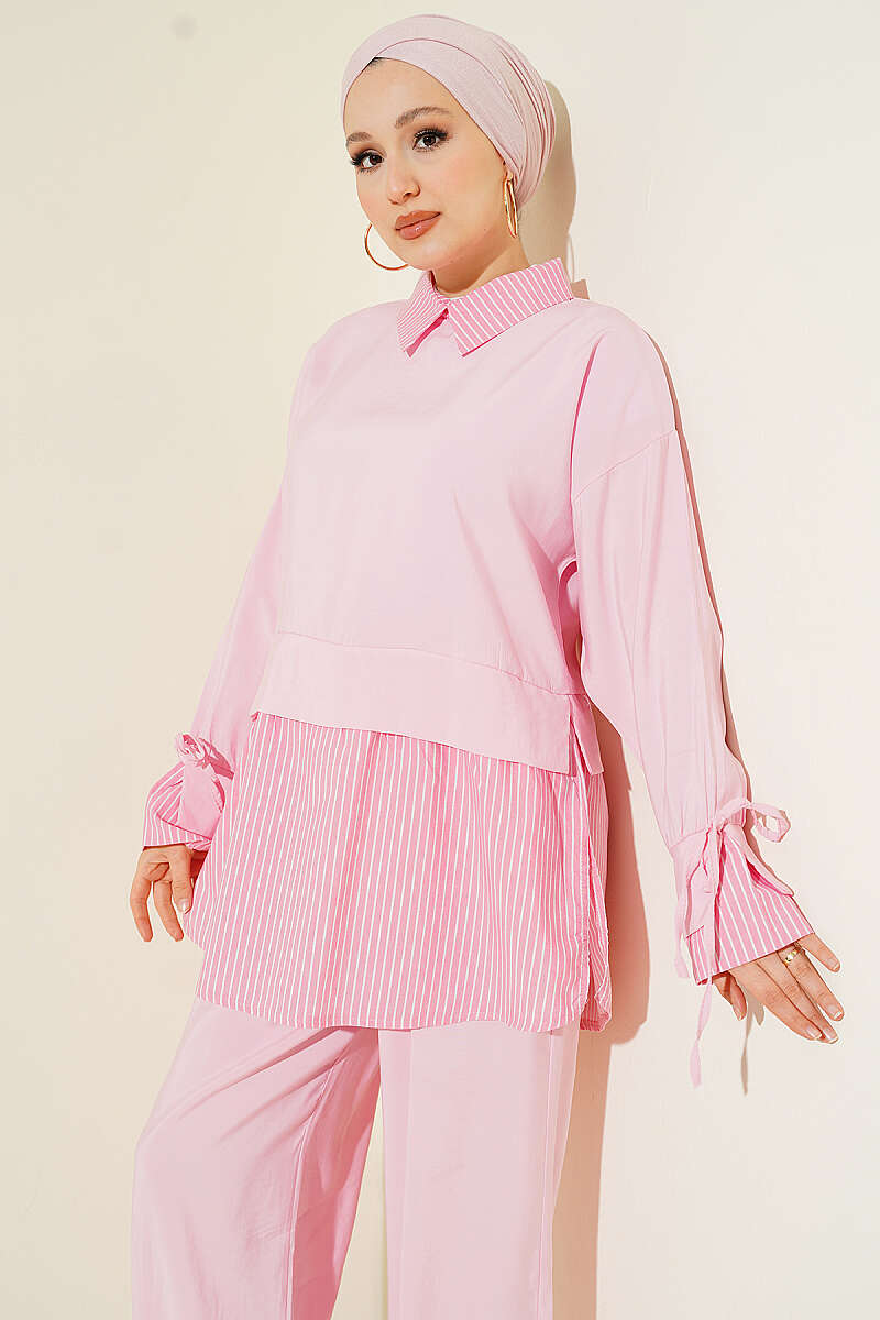 Striped Shirt-Trim Modal Two-Piece Set - Pink