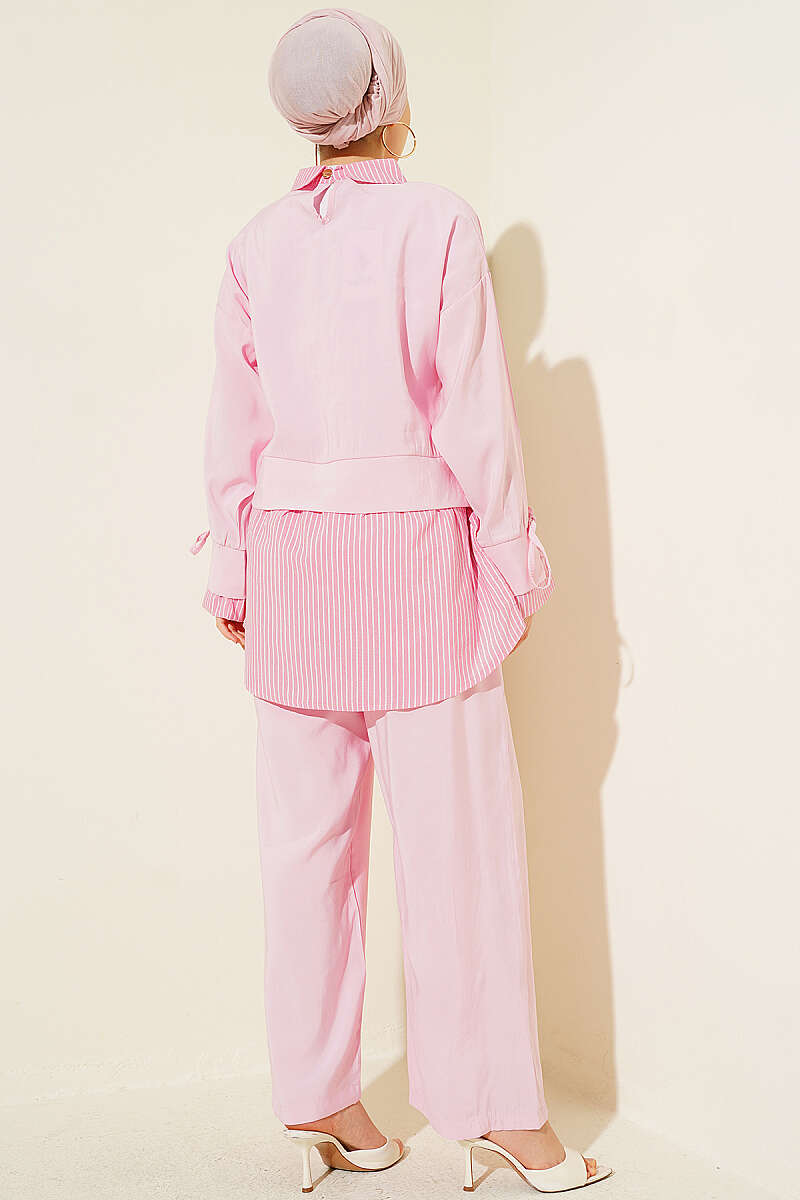 Striped Shirt-Trim Modal Two-Piece Set - Pink