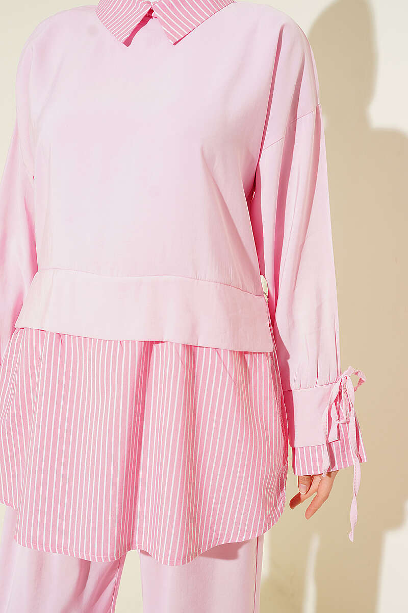 Striped Shirt-Trim Modal Two-Piece Set - Pink