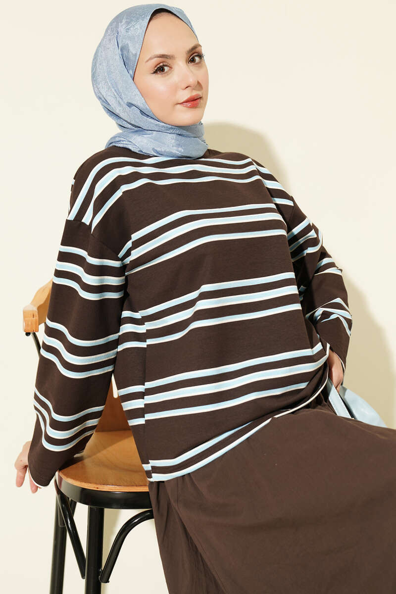 Striped Fleece-Back Tunic with Emblem - Brown