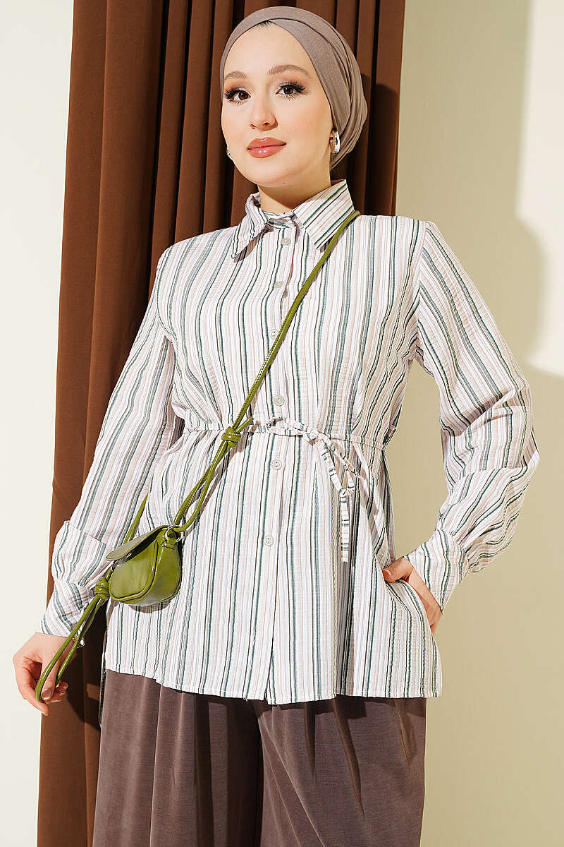 Striped Shirt with Tie Detail - Green