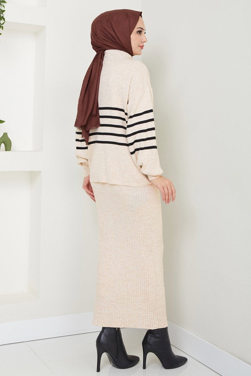 Knit Dress with Striped Sweater Layer - Stone
