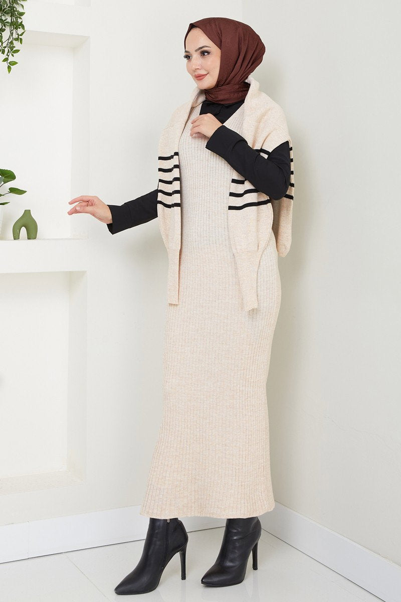 Knit Dress with Striped Sweater Layer - Stone