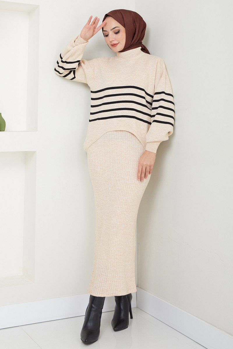 Knit Dress with Striped Sweater Layer - Stone