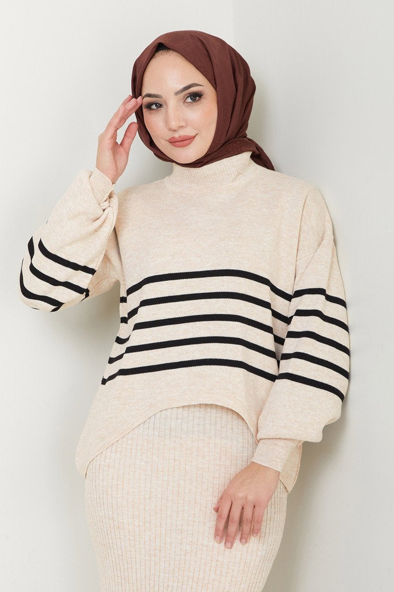 Knit Dress with Striped Sweater Layer - Stone