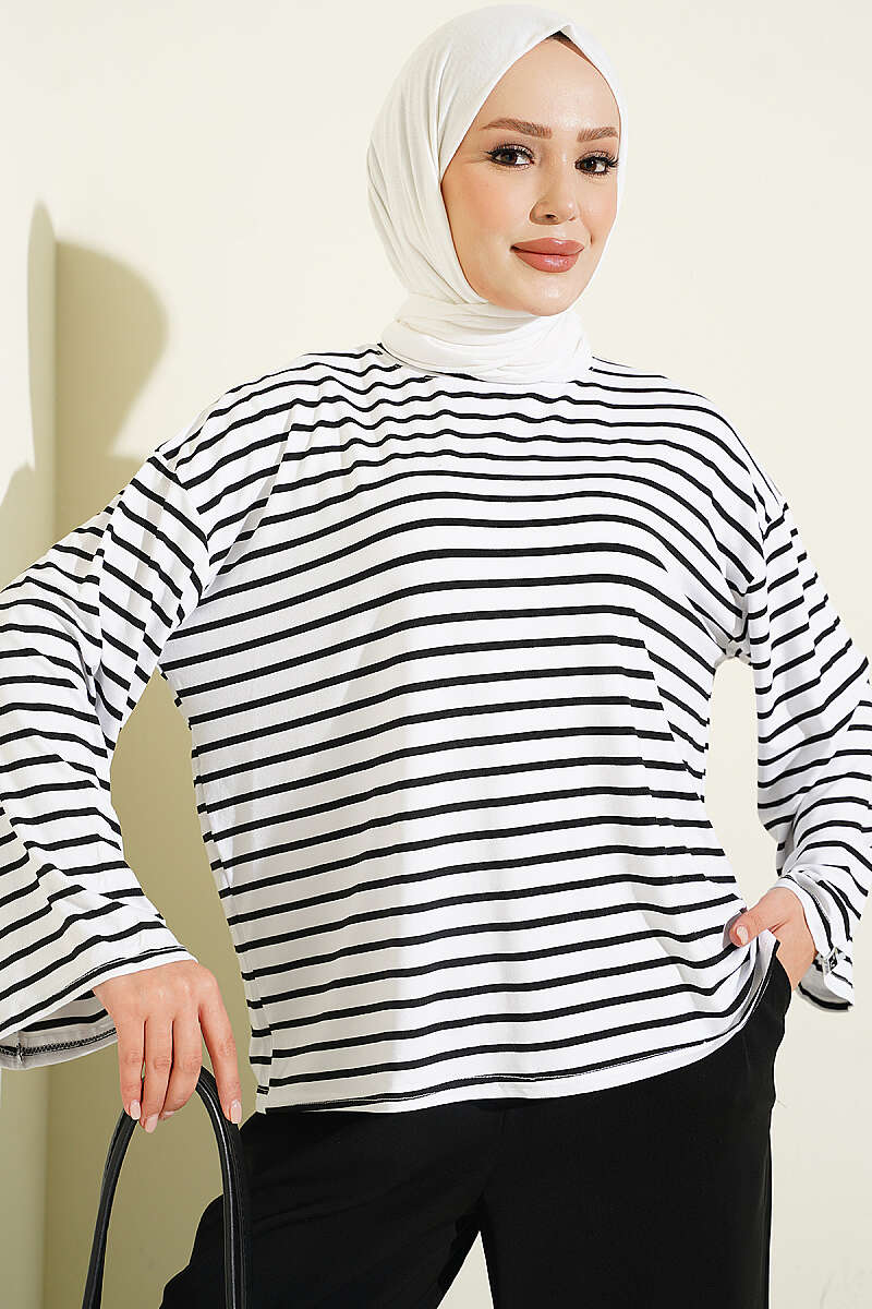 Striped Tunic with Sleeve Emblem - White