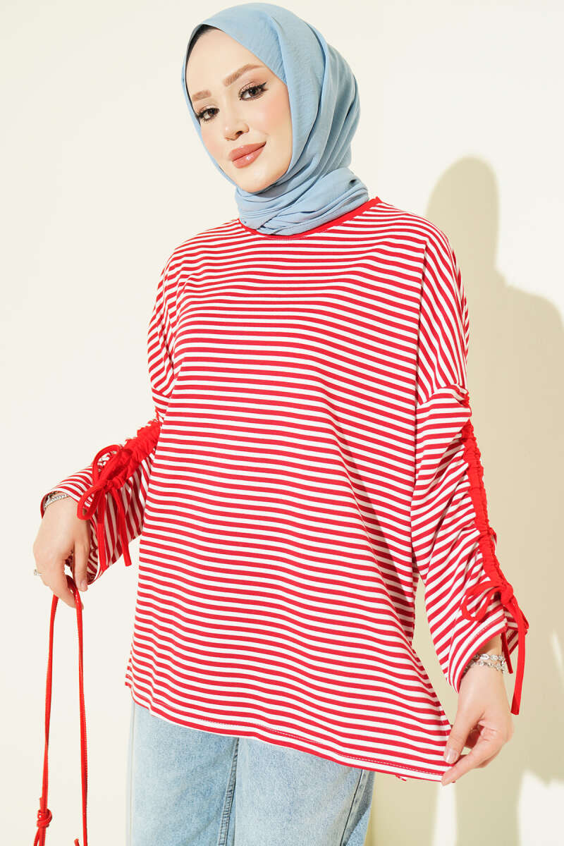 Striped Tunic with Gathered Sleeves - Red