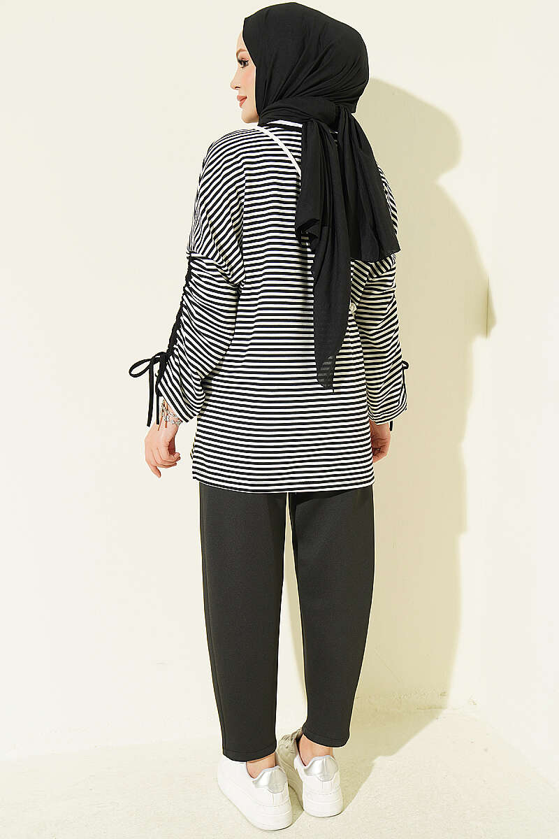 Striped Tunic with Gathered Sleeves - Black