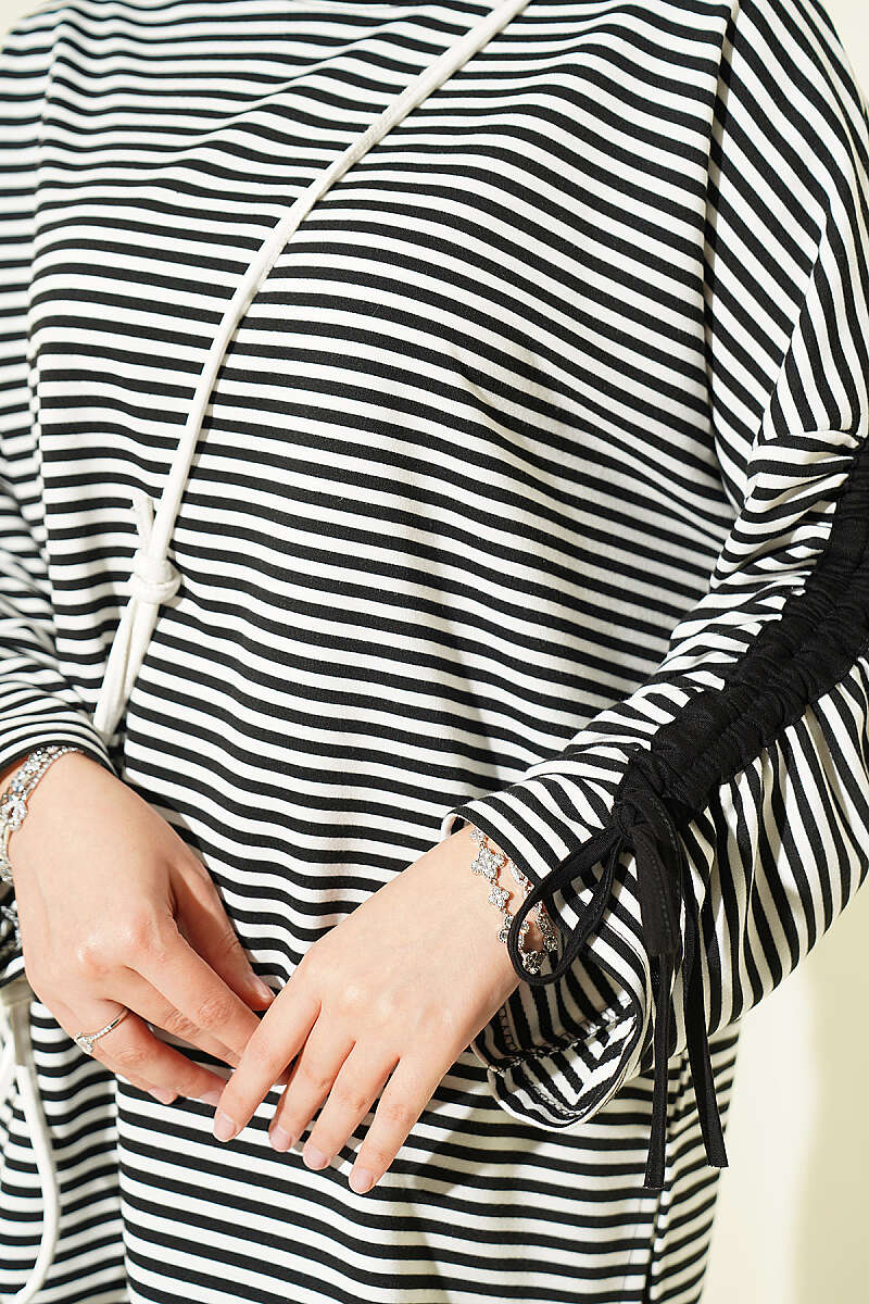 Striped Tunic with Gathered Sleeves - Black