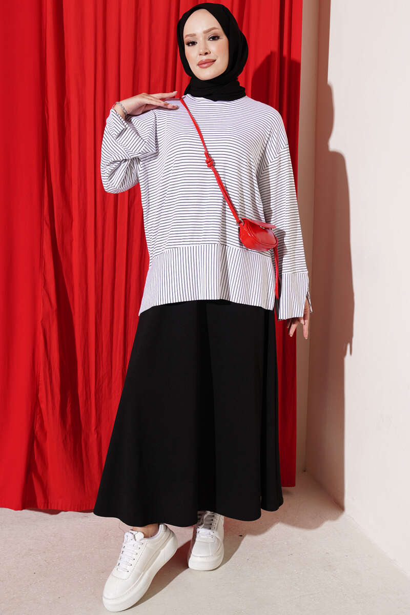 Striped Tunic with Split Sleeves - White
