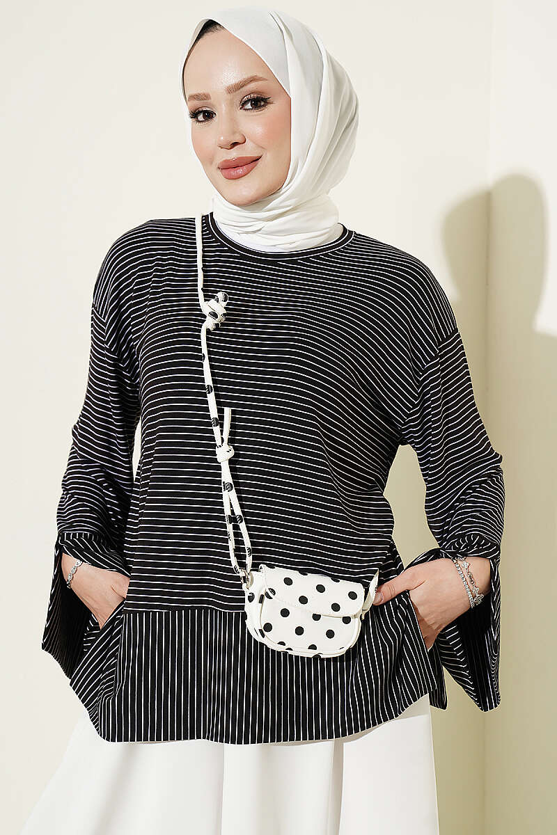 Striped Tunic with Split Sleeves - Black