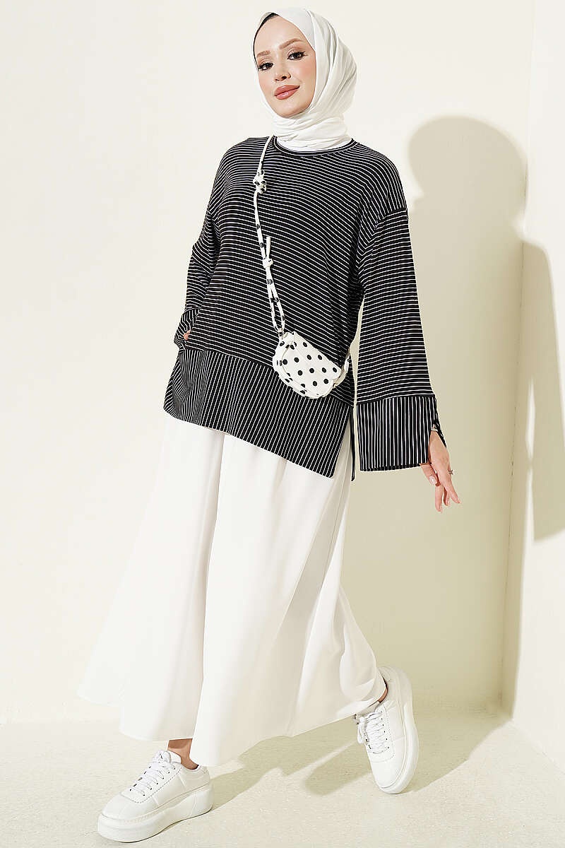 Striped Tunic with Split Sleeves - Black