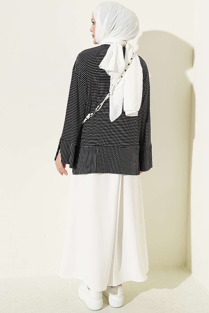 Striped Tunic with Split Sleeves - Black