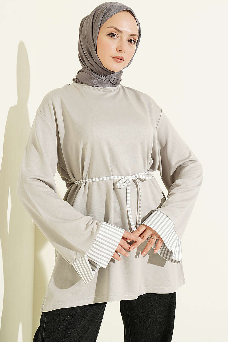 Striped Tunic with Cuffs and Tie Cord - Grey