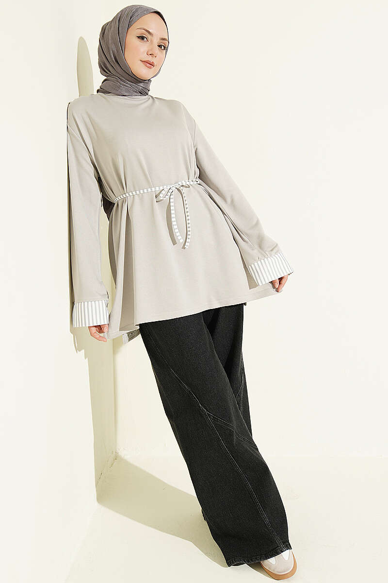 Striped Tunic with Cuffs and Tie Cord - Grey