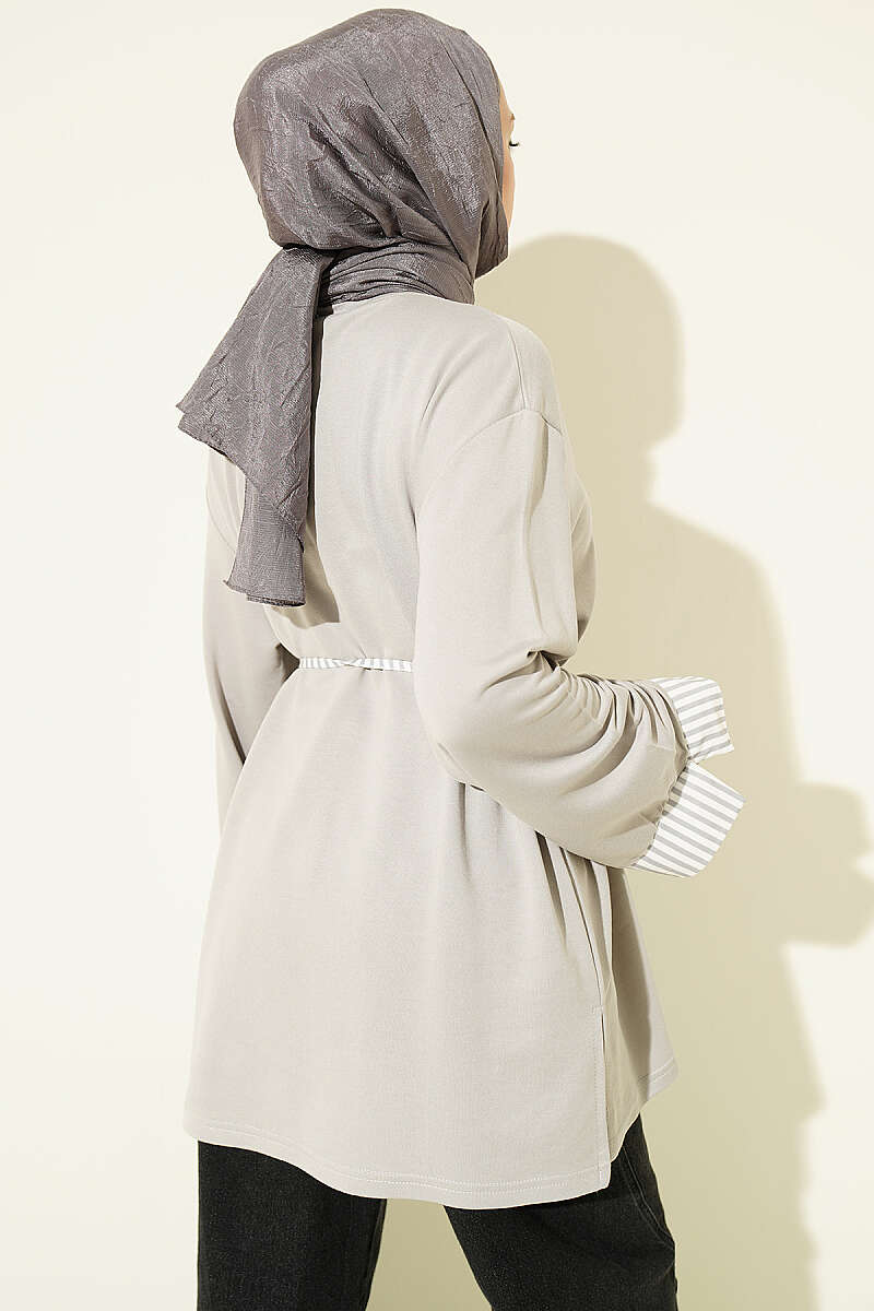 Striped Tunic with Cuffs and Tie Cord - Grey
