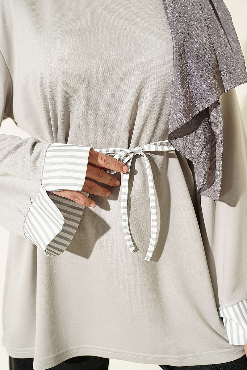 Striped Tunic with Cuffs and Tie Cord - Grey