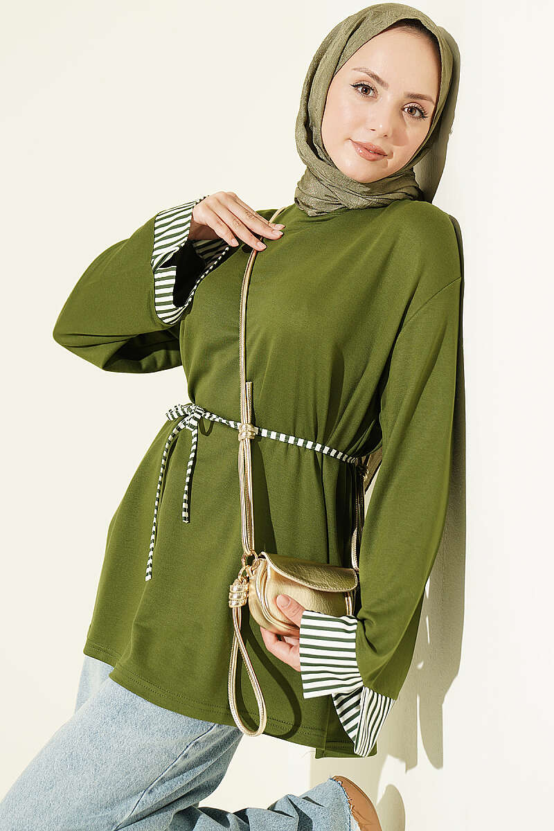 Striped Tunic with Cuffs and Tie Cord - Khaki