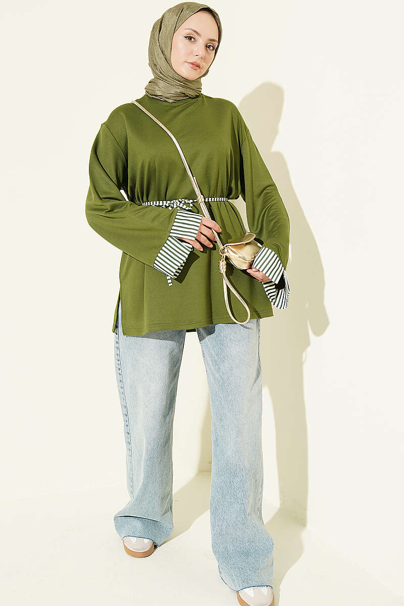 Striped Tunic with Cuffs and Tie Cord - Khaki