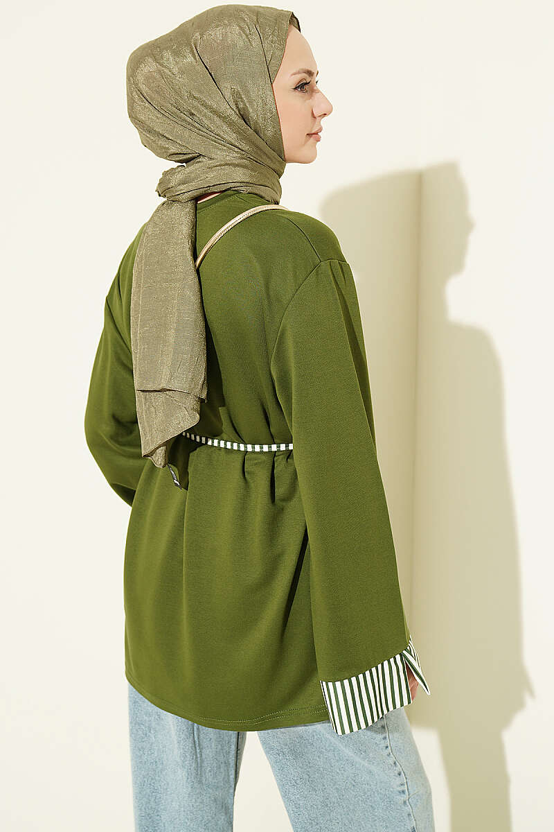 Striped Tunic with Cuffs and Tie Cord - Khaki