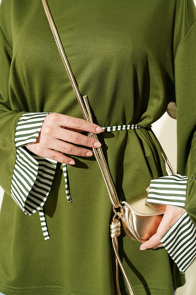 Striped Tunic with Cuffs and Tie Cord - Khaki