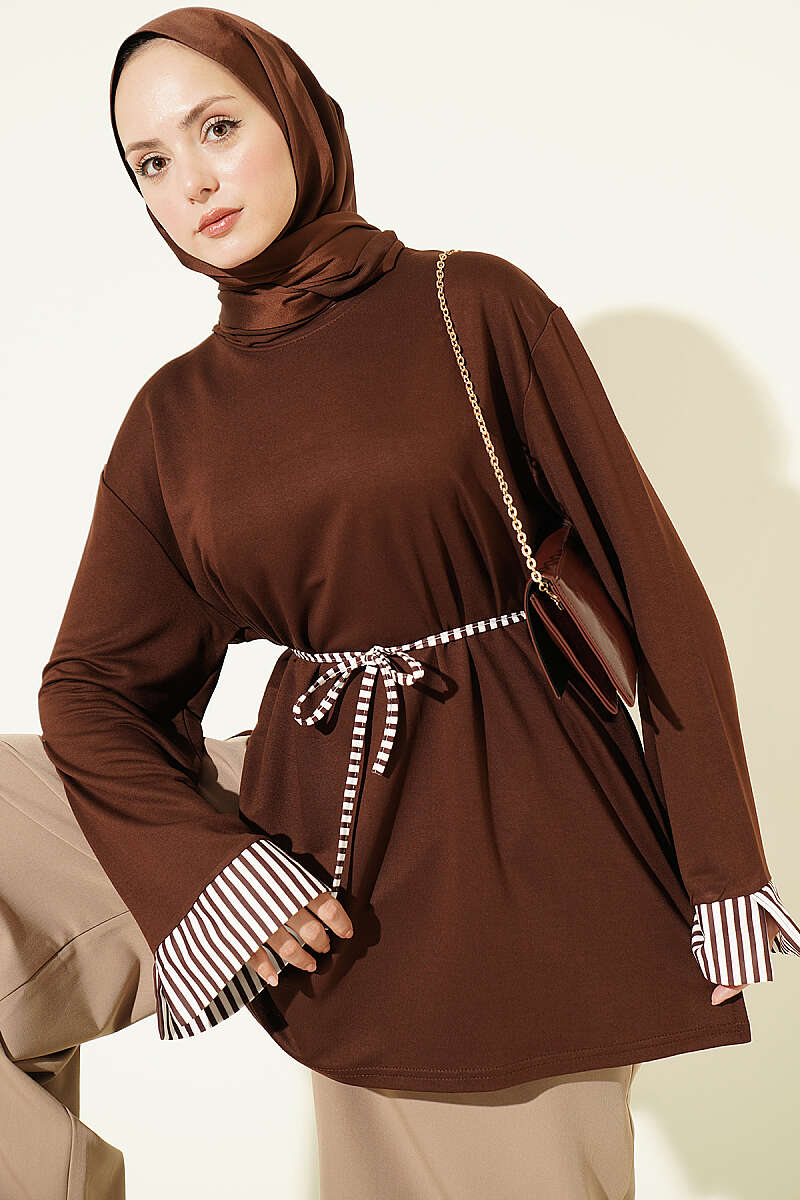 Striped Tunic with Cuffs and Tie Cord - Brown