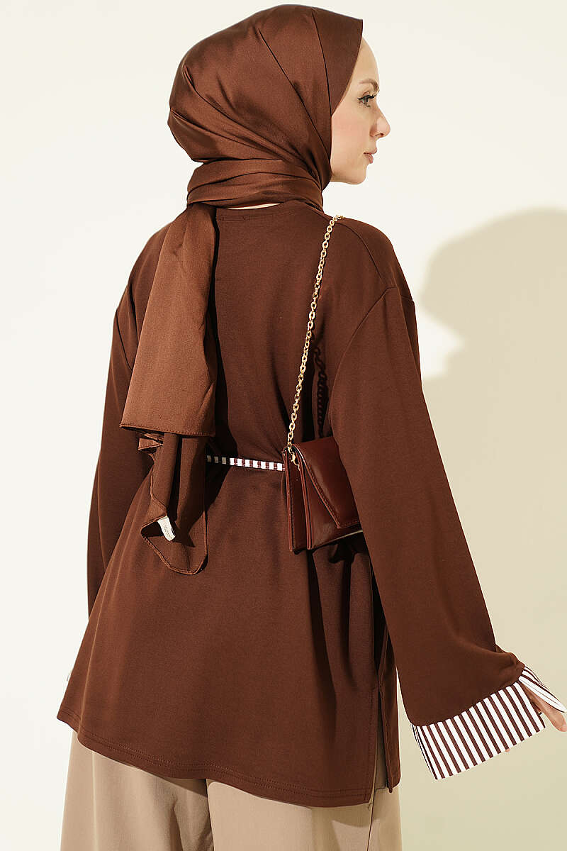Striped Tunic with Cuffs and Tie Cord - Brown