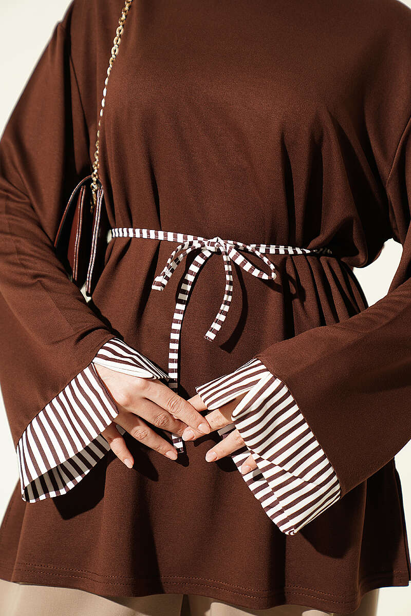Striped Tunic with Cuffs and Tie Cord - Brown