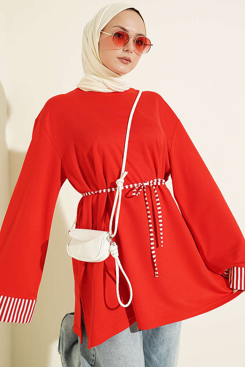 Striped Tunic with Cuffs and Tie Cord - Red