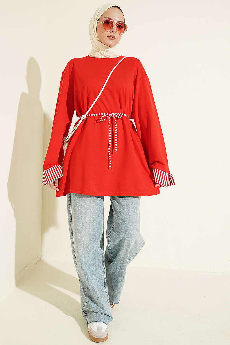 Striped Tunic with Cuffs and Tie Cord - Red