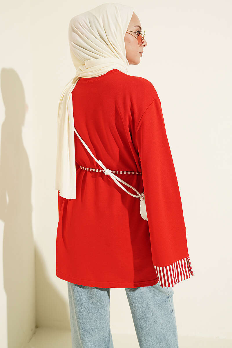 Striped Tunic with Cuffs and Tie Cord - Red
