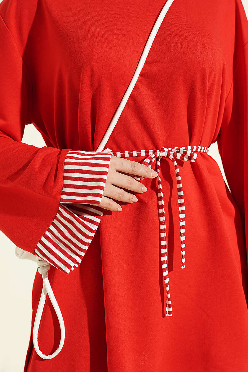 Striped Tunic with Cuffs and Tie Cord - Red