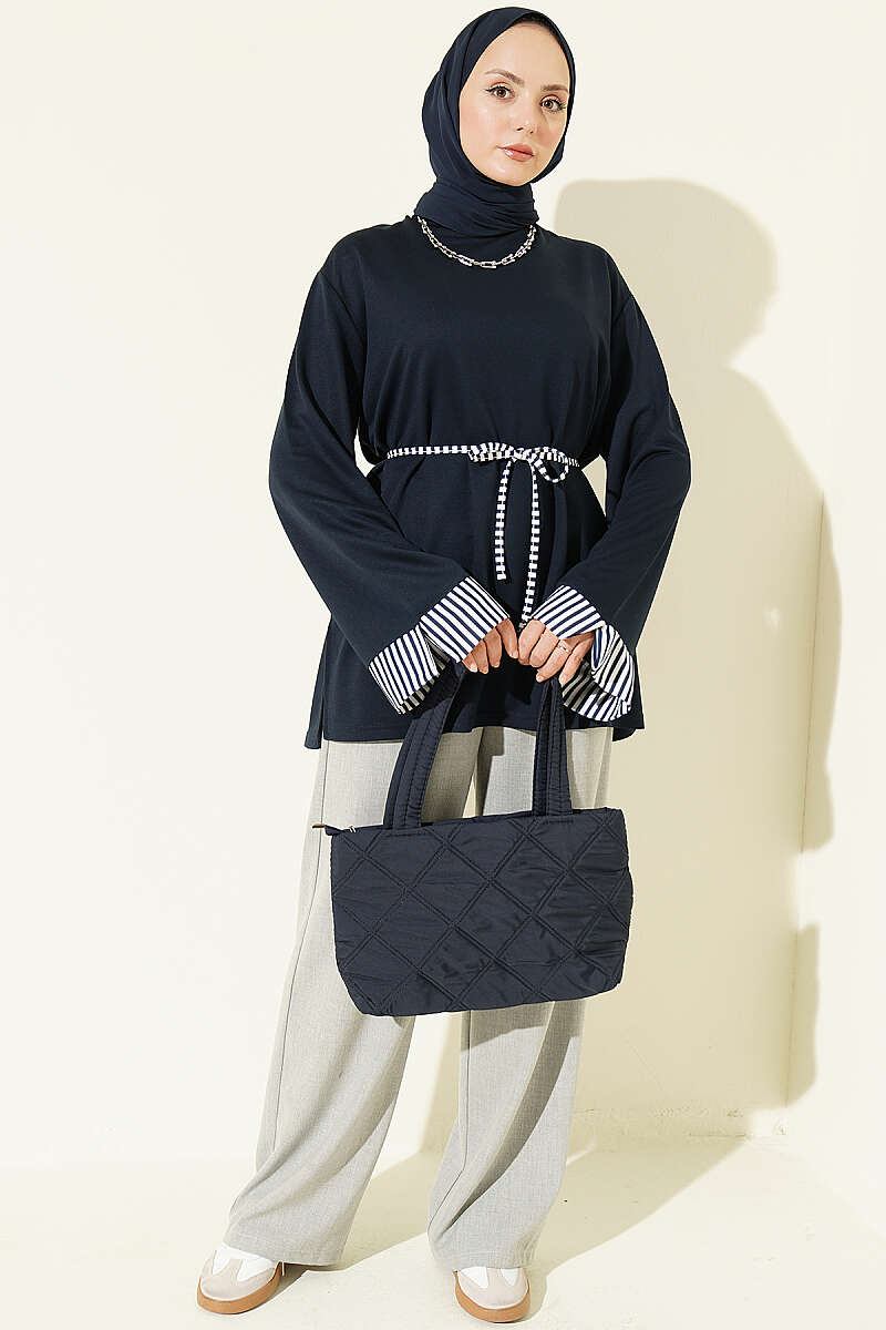 Striped Tunic with Cuffs and Tie Cord - Navy