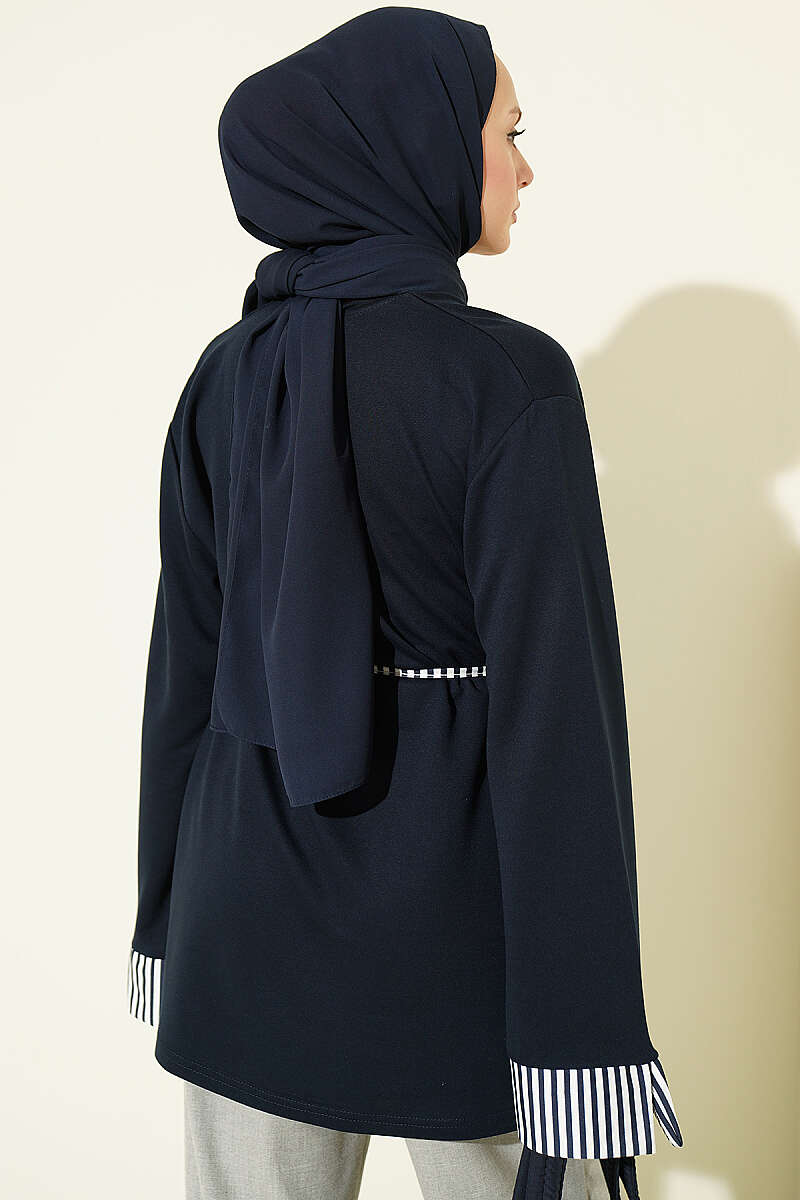 Striped Tunic with Cuffs and Tie Cord - Navy