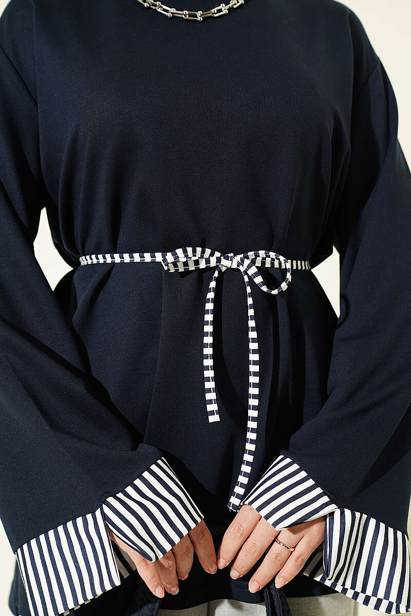 Striped Tunic with Cuffs and Tie Cord - Navy