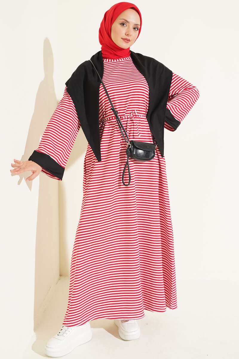 Striped Dress with Shoulder Shawl - Red