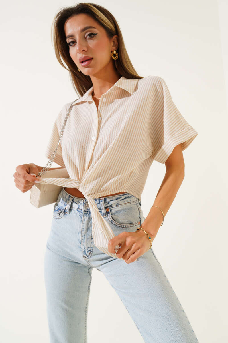 Striped Tie-Front Shirt - Beige