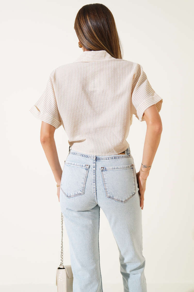 Striped Tie-Front Shirt - Beige