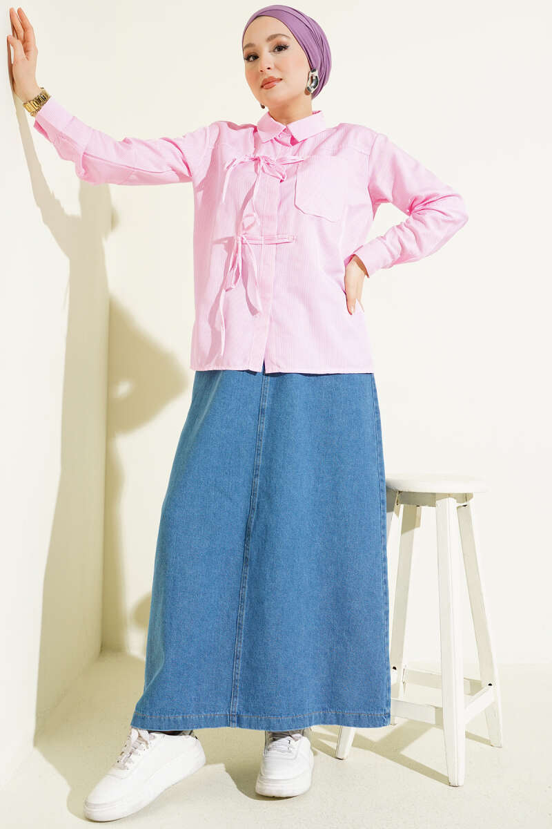 Short Striped Shirt with Front Cord - Pink