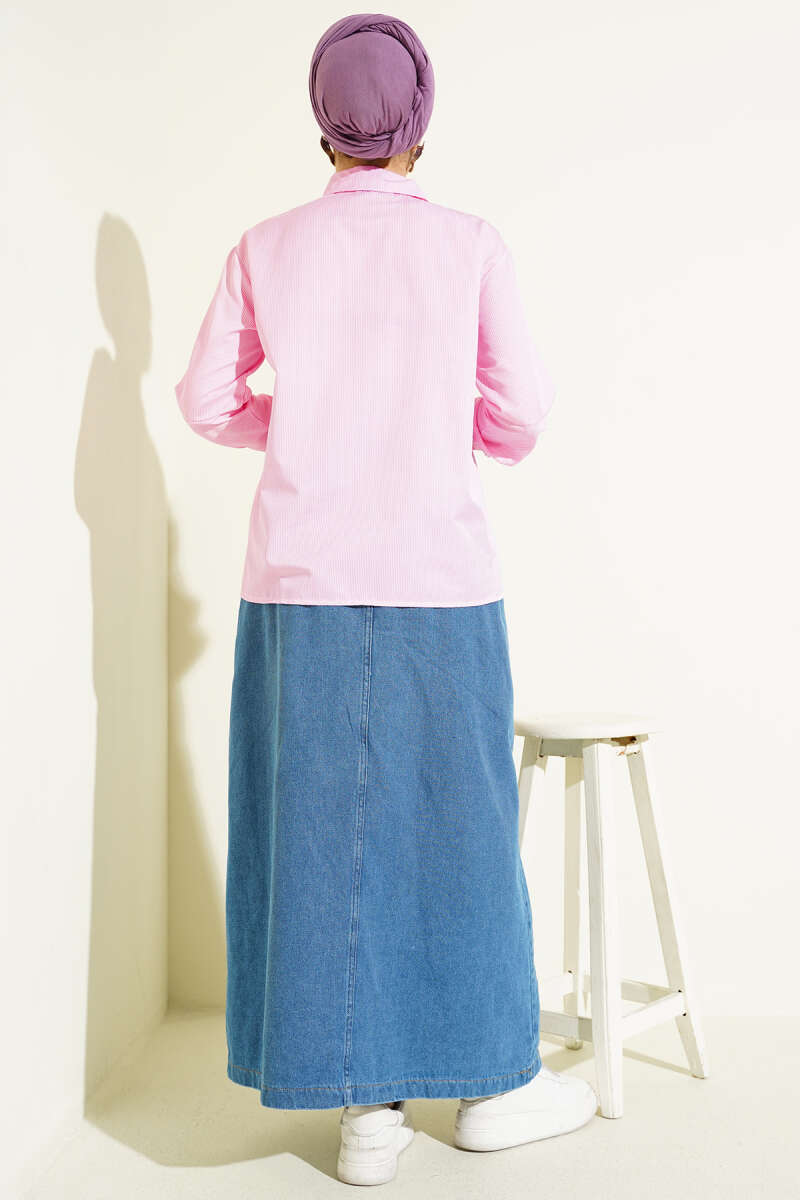 Short Striped Shirt with Front Cord - Pink